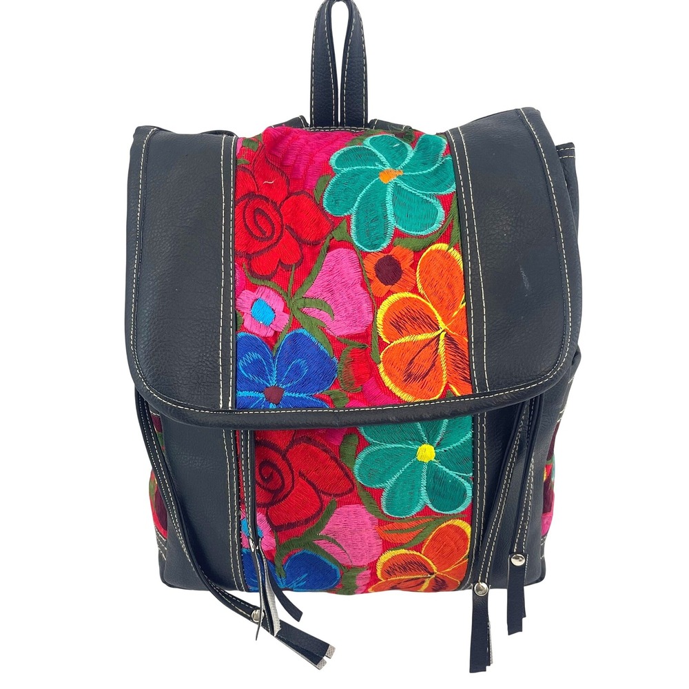 Embroidered Floral Backpack Faux Leather Boho Frida Kahlo Folk Art Colorful Bag